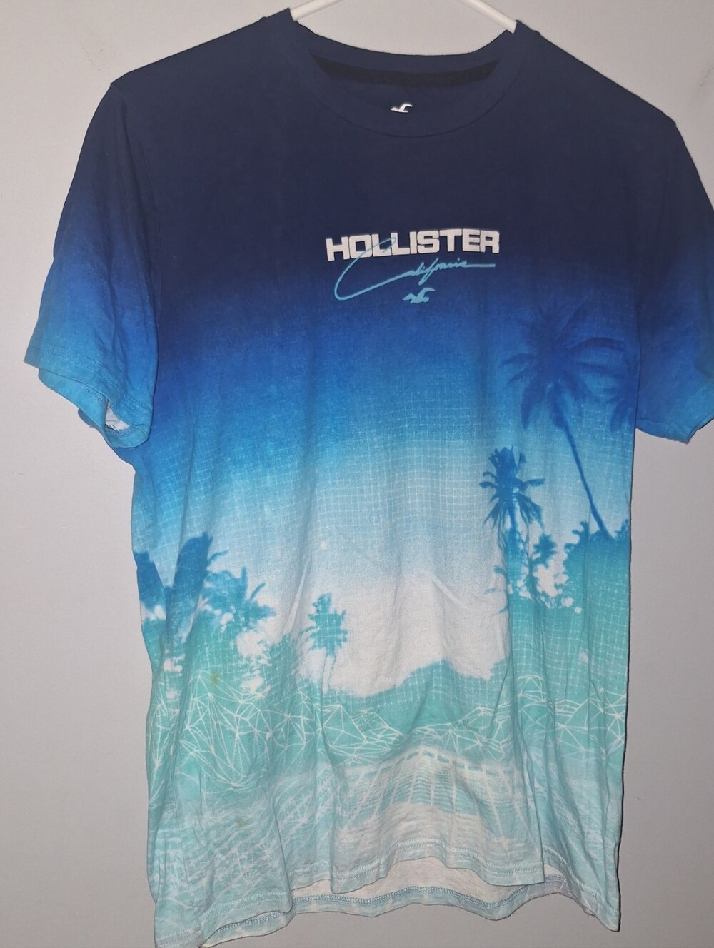 Hollister Mens Ombre Dip Dye T-Shirt Navy Blue Logo Size L Cotton Large Beach